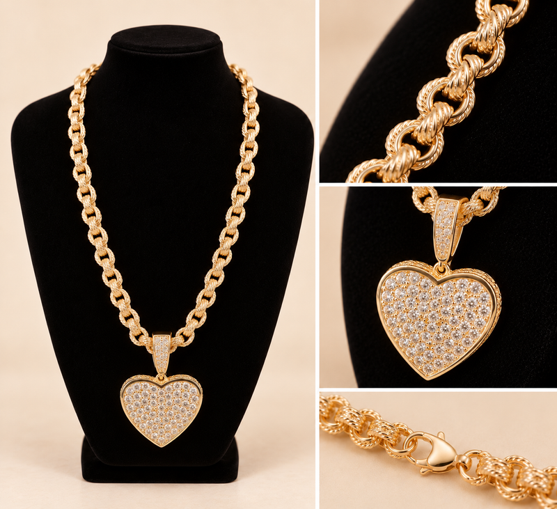 CZ Heart Pendant with Patterned Belcher Chain - 28” 8mm
