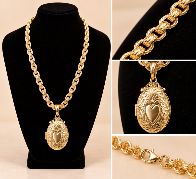 Heart Locket with Patterned Belcher Chain - 28” 8mm