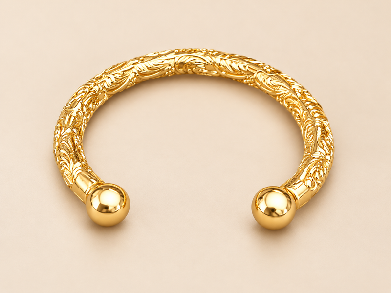 Gold Patterned Ball-End Cuff Bangle – 6¼” 7mm
