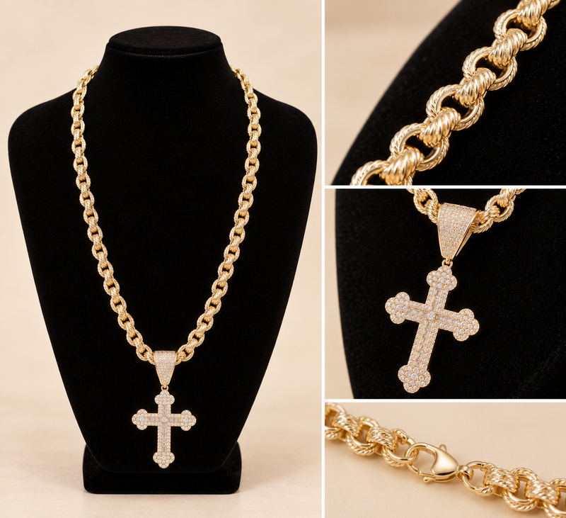 CZ Cross Pendant with Patterned Belcher Chain - 28” 8mm