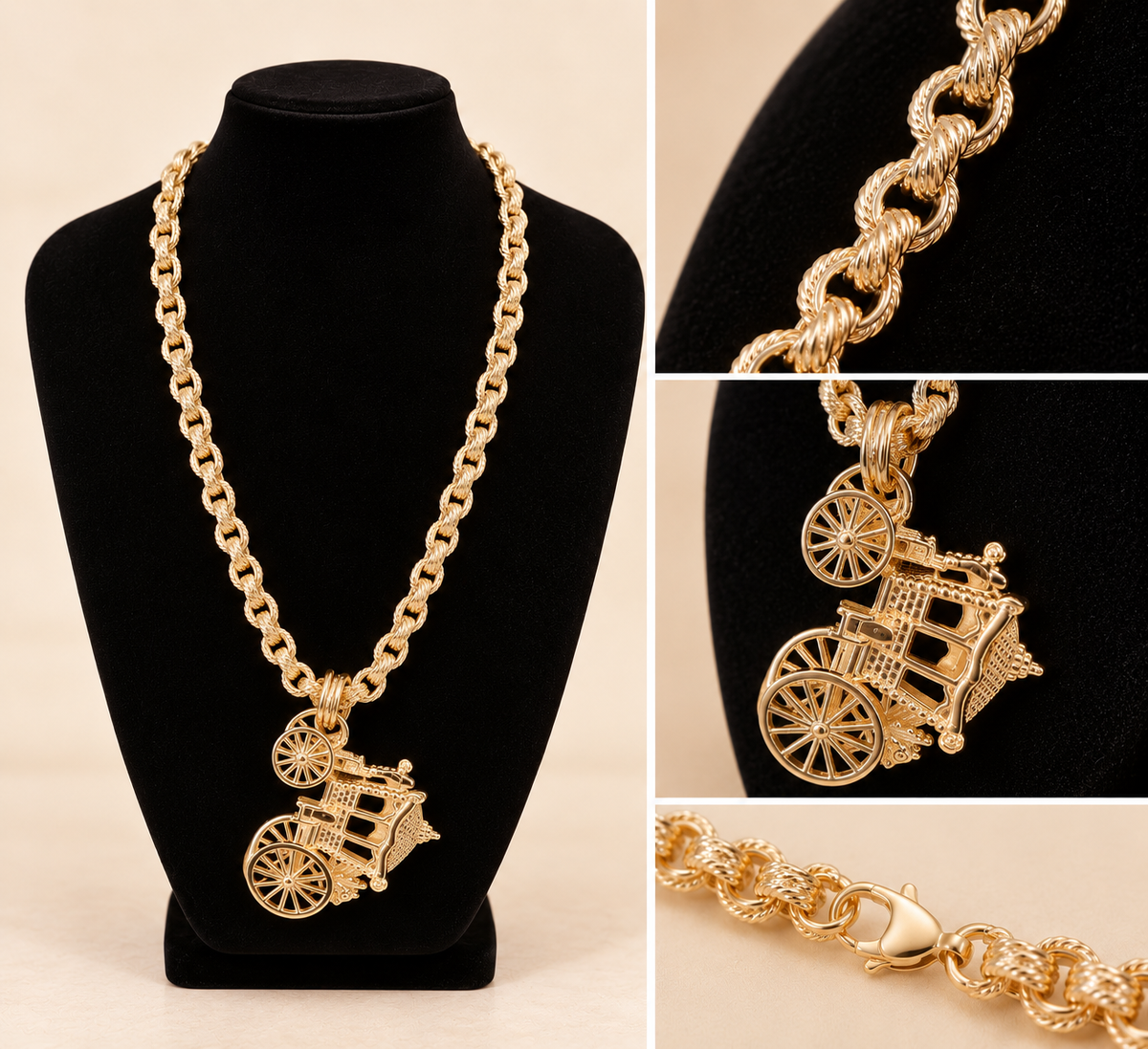 Large Carriage Pendant with Patterned Belcher Chain - 28” 8mm