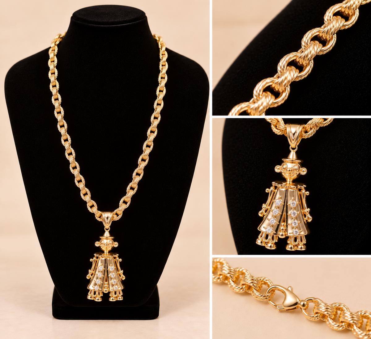 CZ Clown Pendant with Patterned Belcher Chain - 28” 8mm
