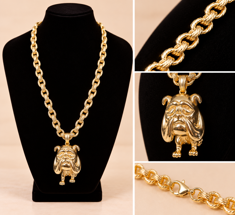 British Bulldog Pendant with Patterned Belcher Chain - 28” 8mm