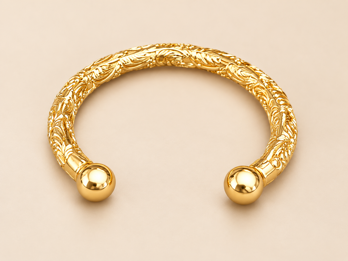 Gold Patterned Ball-End Cuff Bangle – 6¼” 7mm