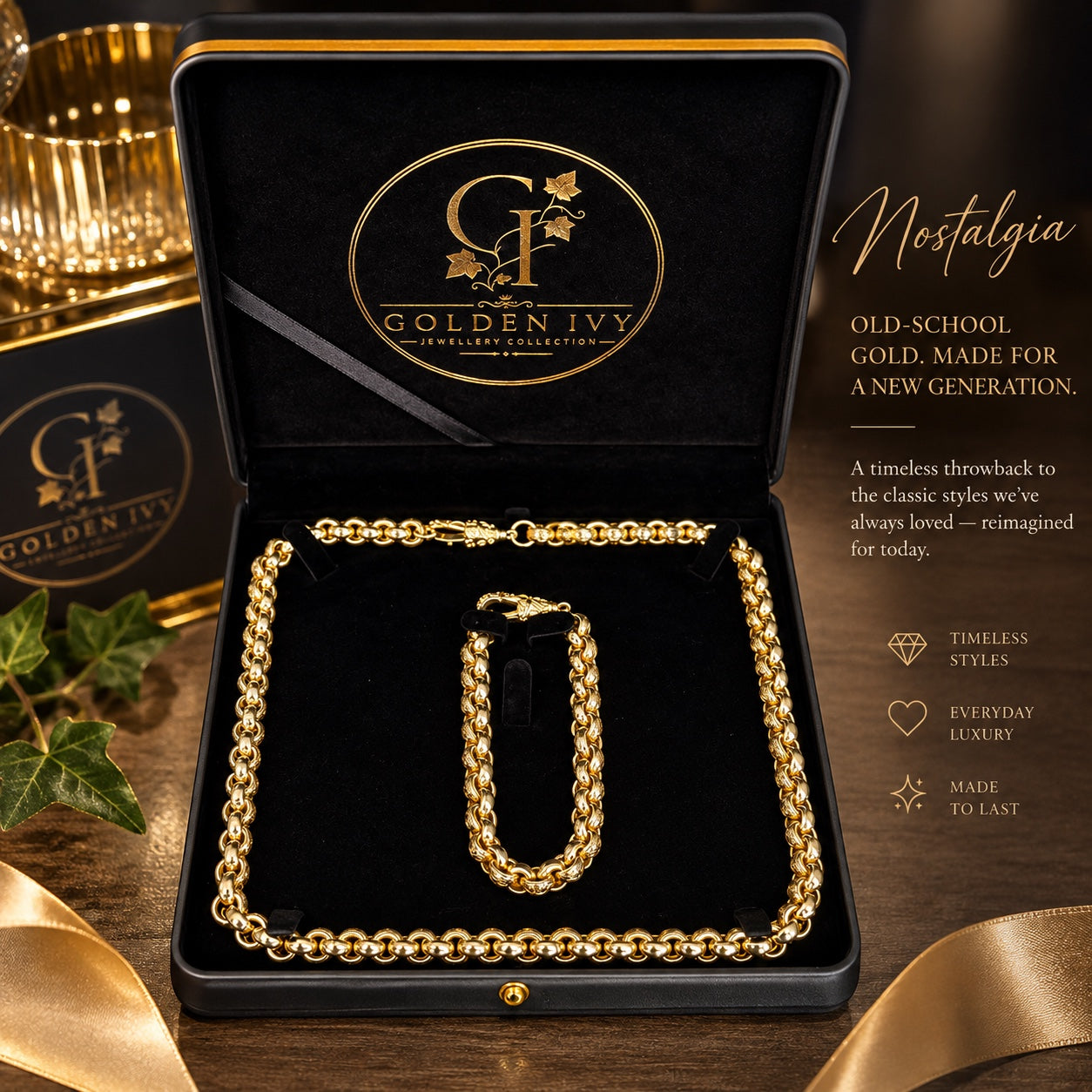 Golden Ivy nostalgia collection featuring classic gold jewellery